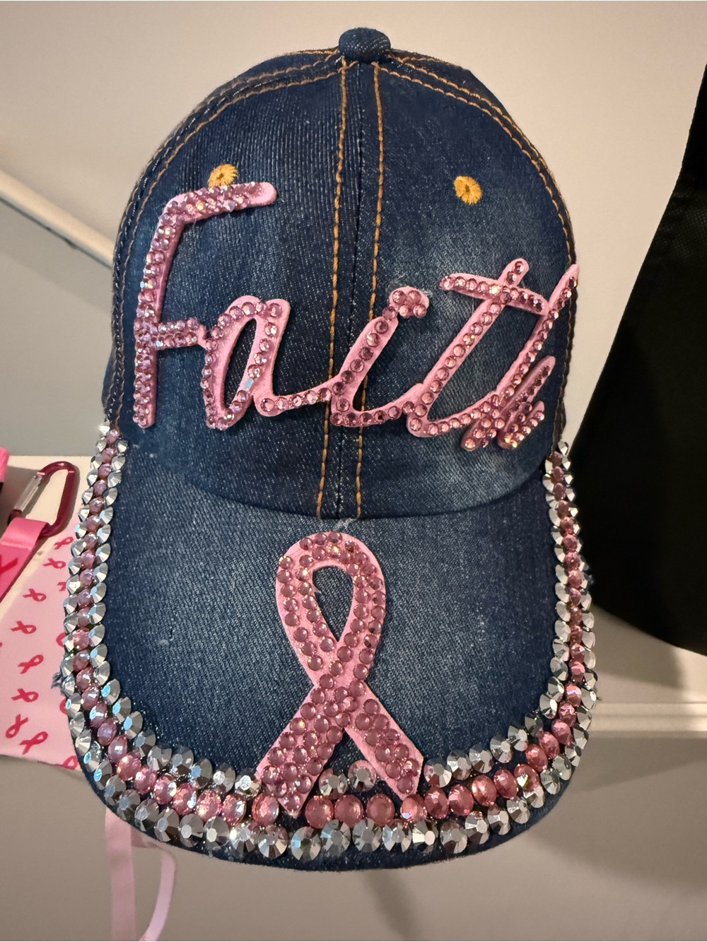 Denim 'Faith' Baseball Cap with Pink Crystal Ribbon - Breast cancer Bundle